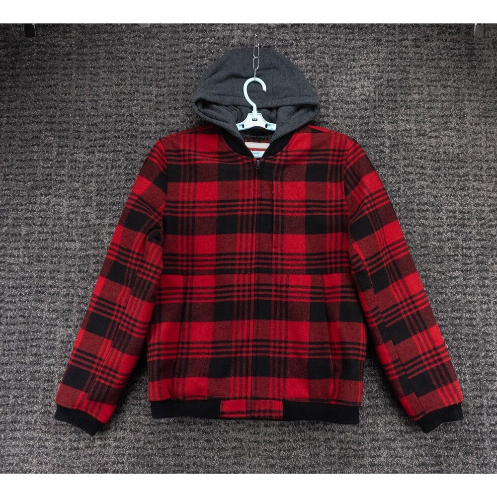 Levis Jacket Mens Large Red Plaid Flannel Full Zip Hooded Quilt Lined Bomber